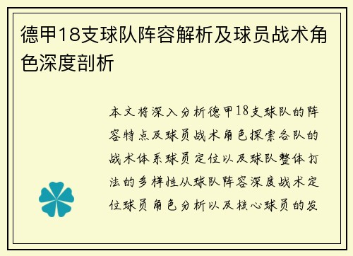 德甲18支球队阵容解析及球员战术角色深度剖析