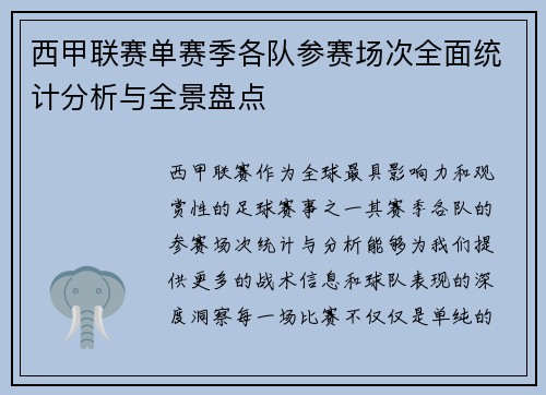 西甲联赛单赛季各队参赛场次全面统计分析与全景盘点