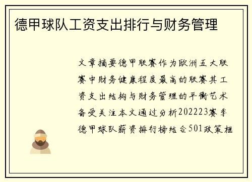 德甲球队工资支出排行与财务管理