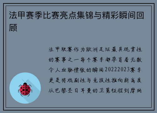 法甲赛季比赛亮点集锦与精彩瞬间回顾